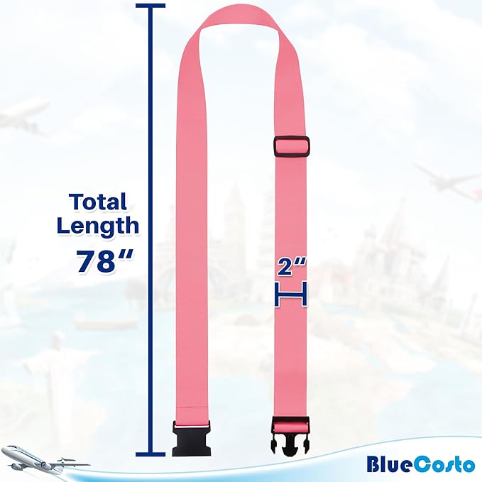 Luggage Straps for Suitcases - TSA Approved - Pink, 4 PK - Premium Nylon Belts for Suitcase, Briefcase & Travel Bag - Adjustable Strap Length 46" - 78"