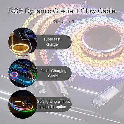 USB Cable PD Fast Charger Lighted Up (USB 3IN1 RGB),Phone Data Cable, Flowing Light Charging Cable, 39-inch (Approx. 1m), High-Transparency Pure Copper Braided Wire.