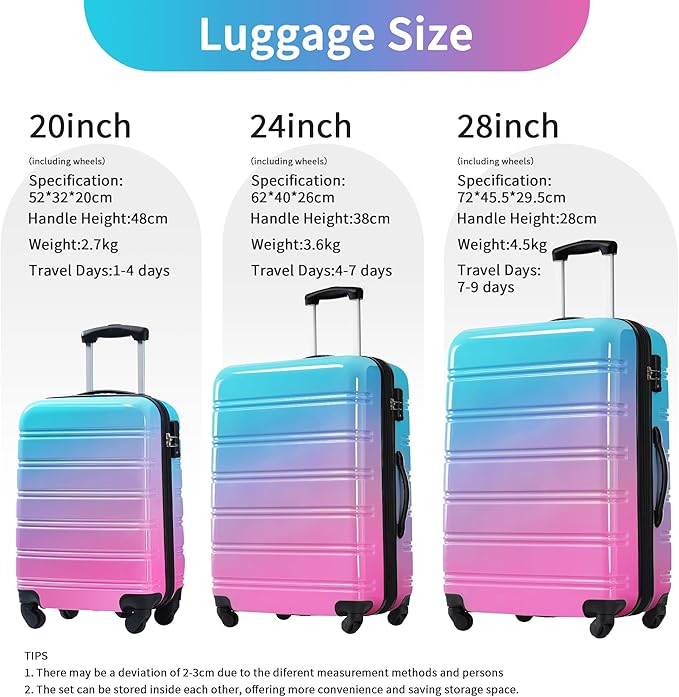 Hardshell Luggage Sets 3 Piece Gradient Color Expandable Suitcase with Spinner Wheels and TSA Lock