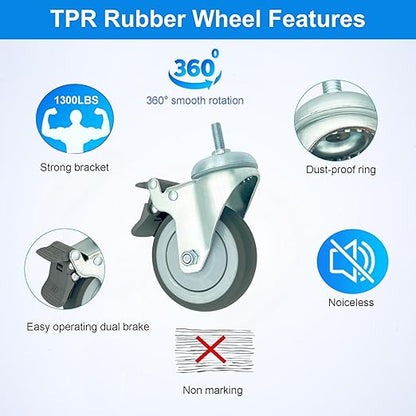 4 inch Swivel Caster Wheels Heavy Duty with Nylon Brake, 1/2" x13-1-1/2 Threaded Stem Casters Set of 4, TPR Rubber Wheels for Hospital, Lab, Furnitures,Restaurant