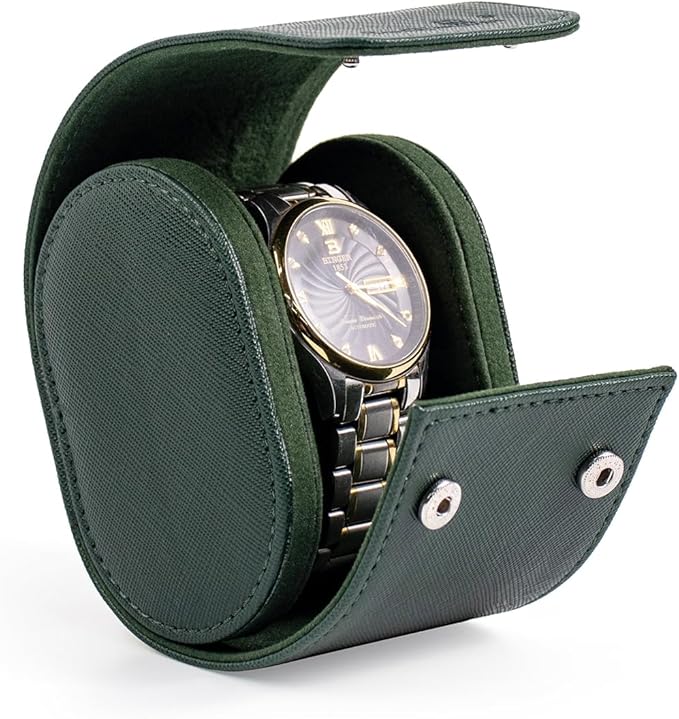 SANQIANWAN Single Travel Storage Watch Roll Portable PU Leather Watch Case Box for Men with Button Style Removable Watch Pillow Watch Display Roll (Dark Green)