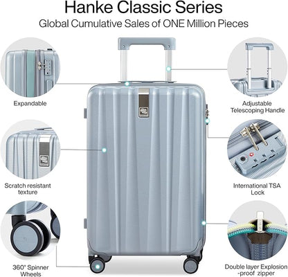Hanke 24 Inch Expandable Checked Luggage Lightweight PC Hard Shell Luggage Suitcases with Wheels Travel Luggage Rolling Large Suitcase Travel Luggage Bag for Go to University.(Gray)