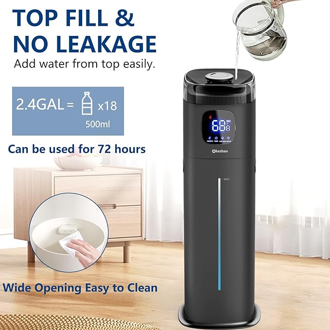 Large Humidifiers for Bedroom, 9L/2.5Gal Ultrasonic Cool Mist, Top Fill Easy Clean with 350ML/H Mist Speed, Quiet, Suitable for Kids Room Plant Yoga Office Study Room Living (Black, Square)