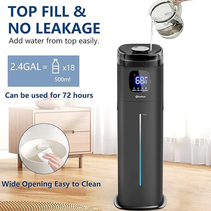 Large Humidifiers for Bedroom, 9L/2.5Gal Ultrasonic Cool Mist, Top Fill Easy Clean with 350ML/H Mist Speed, Quiet, Suitable for Kids Room Plant Yoga Office Study Room Living (Black, Square)