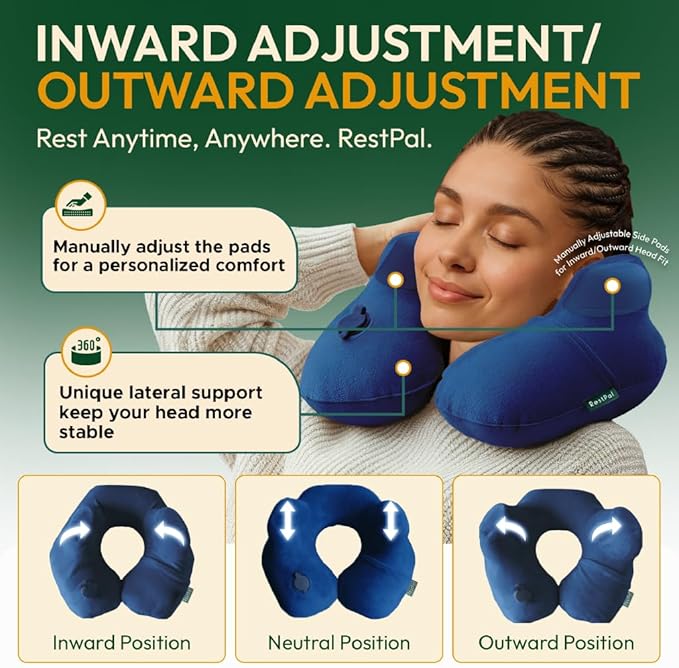 Adjustable Memory Foam Sides Inflatable Travel Neck Pillow | Super Soft, Compact & Portable Neck Support Pillow (Navy Blue, Standard)