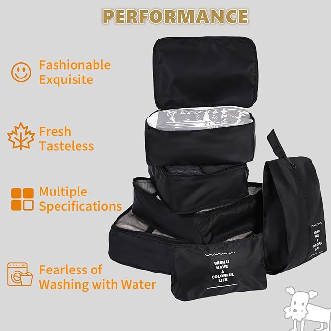 Packing Cubes Storage Bags 7 Pieces-Luggage Organizers Classify Store Clothing Efficiently for Travel Outdoor Home (Black, 7 Pieces)