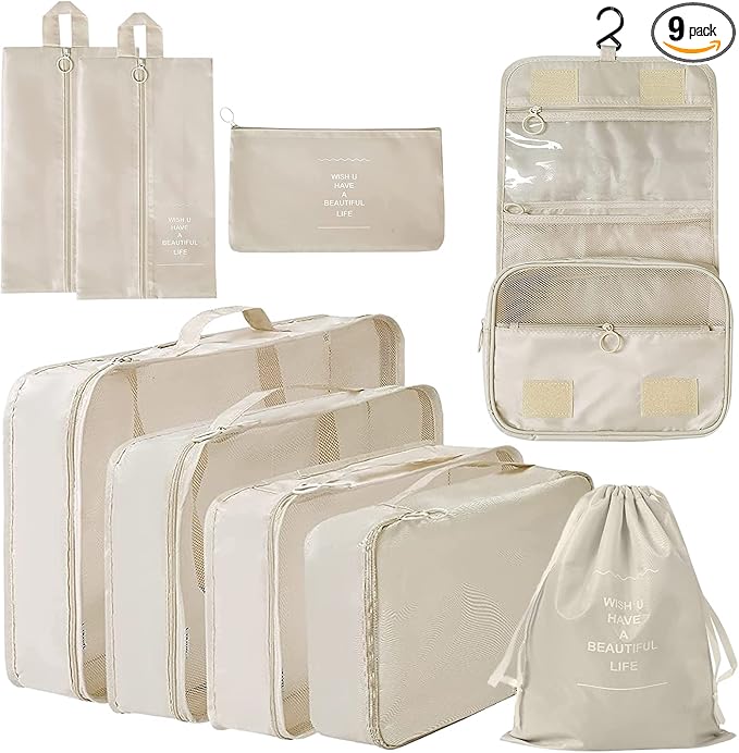 9 Set Packing Cubes, Travel Luggage Packing Organizers (BEIGE)