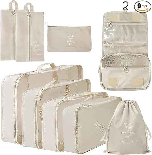 9 Set Packing Cubes, Travel Luggage Packing Organizers (BEIGE)
