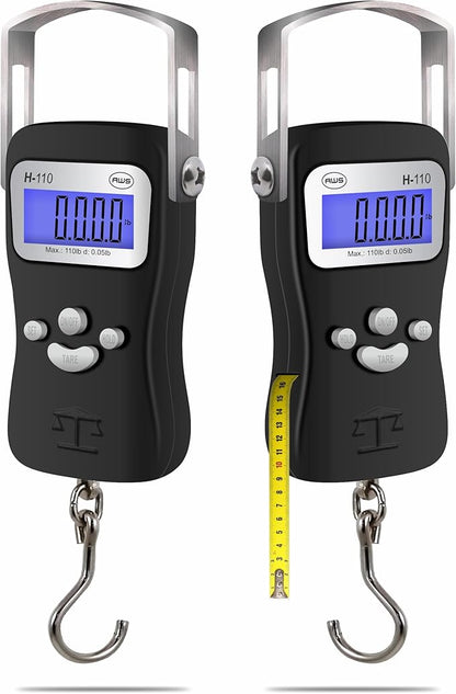 AWS Digital Luggage Scale, Fish Weighing Scale, Hanging Scale 110lb/50kg – Die-Cast Metal Construction, Built-in Tape Measure, Hook & Handle – for Travel, Fishing, Archery, Hunting, Outdoor (Black)