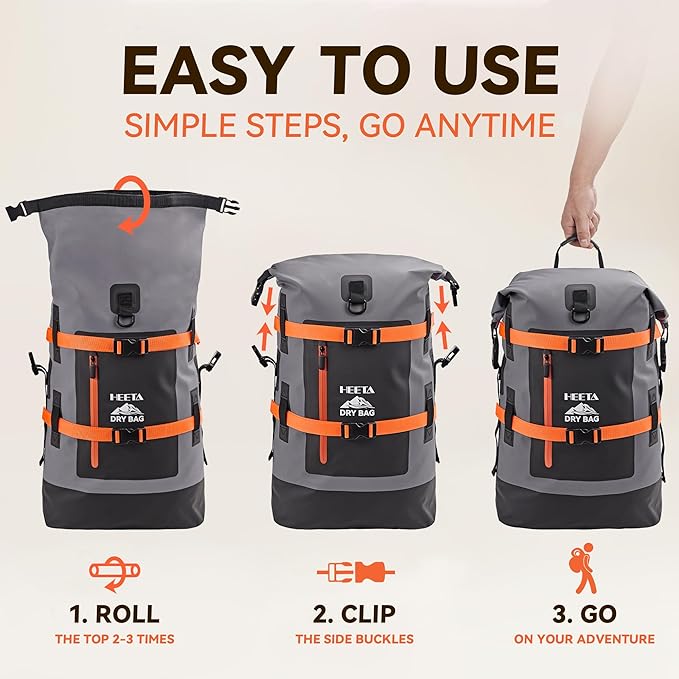 HEETA Dry Bags Waterproof Backpack 40L for Men & Women, Roll Top Heavy Duty Cushioned Hiking Backpack for Kayaking Boating Paddle Boarding Fishing Travel Camping Beach Vacation Cruise Ship Essentials