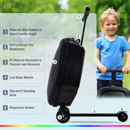 Apelila 20" Scooter Suitcase for Kids, 2-in-1 Ride On Luggage with Wheels for Boys & Girls Ages 4-15, Foldable Hardshell Carry On Lightweight Travel Suitcase for Airplane (Gentle Black w/LED)