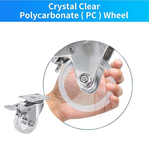 2 Inch Stainless Steel Casters Wheels with Dural Brake, Anti-Corrosion, 360-Degree Rotation, Non-Marking Casters Set of 4 Clear Wheels for Furnitures,Labs,Hospitals,Restaurants