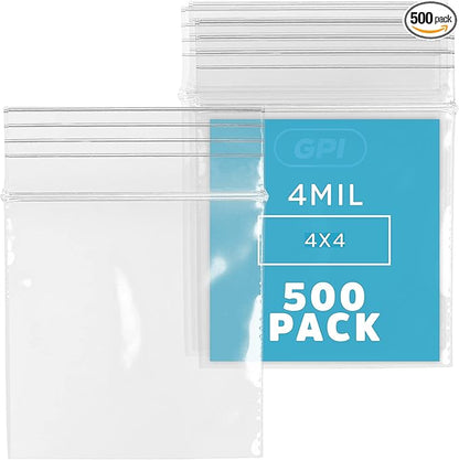 GPI - Pack of 500, 4" x 4" CLEAR PLASTIC RECLOSABLE ZIP BAGS - Heavy Duty, Bulk 4 mil Thick Strong & Durable Poly Baggies with Resealable Zip Top Lock For Travel, Storage, Packaging & Shipping