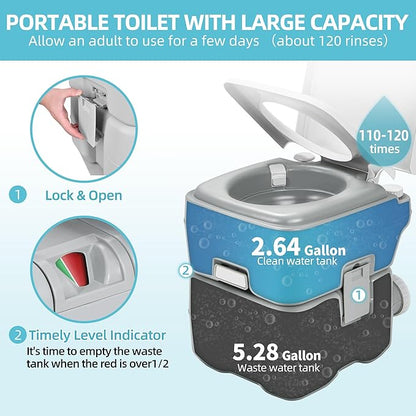 YITAMOTOR Portable Toilet for Camping, Porta Potty Toilet with 5.3 Gal Waste Tank & 2.6 Gal Flush Tank, Bag, Sprayer, T-type Outlet, Level indicator, Anti-Leak Odor-Sealing Slide Valve for RV Outdoors