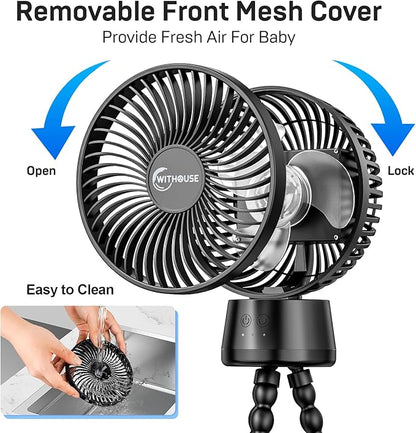 20000mAh Portable Stroller Fan, 120° Auto Oscillation, 3-IN-1 with Power Bank LED Light Detachable Flexible Tripod Rechargeable Battery Powered Clip On Fans Desk for Baby Crib Car Seat Travel