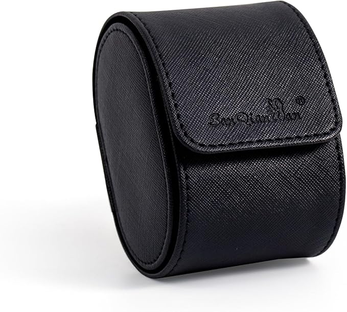 SANQIANWAN Single Travel Storage Watch Roll Portable PU Leather Watch Case Box for Men with Button Style Removable Watch Pillow Watch Display Roll (Black)