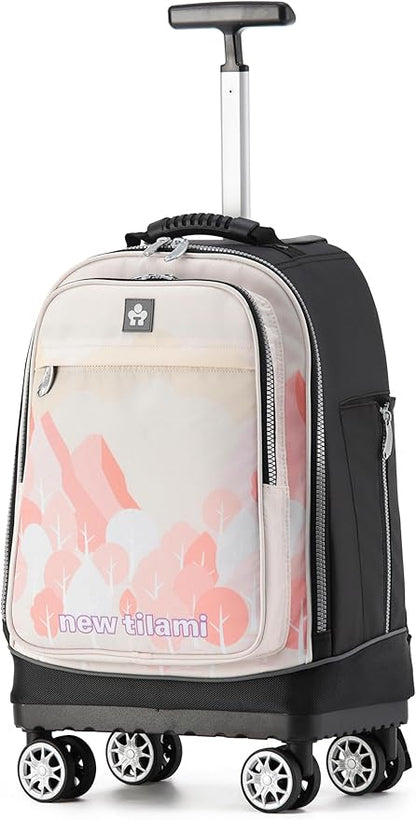 NEW TILAMI 19 Inch Rolling Backpack 360°rotating Universal Wheel, Large Organizer Compartments, Adjustable Handle, Carry on for School Students Business Travel, Pink Mountain Forest