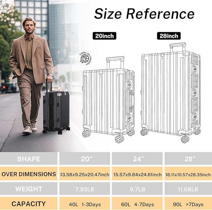 Krute No Zipper Luggage Set 2 Pieces Aluminum Frame Suitcase Sets Polycarbonate Hard Shell Luggage TSA Lock Checked Suitcase with Spinner Wheels