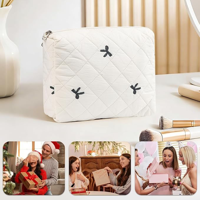 Quilted Makeup Bag Set,3 Pcs Puffy Cosmetic Bags Aesthetic Make Up Bags,Small Zipper Pouch,Travel Toiletry Bag Purse Organizer Pouches for Women (White-Bow)