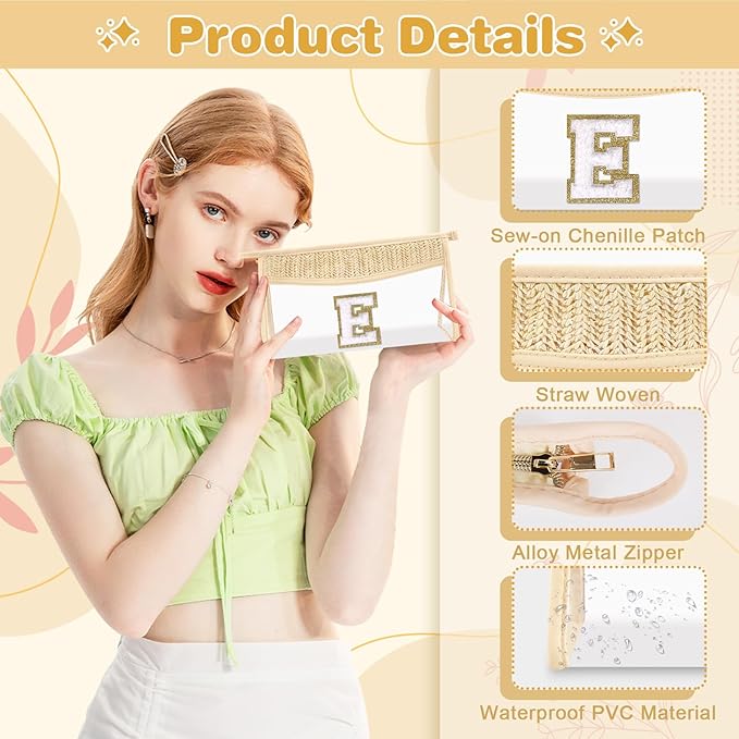 Personalized Initial Letter Bag Boho Straw Clear Makeup Bag,Small Cute Chenille Varsity Letter Bag With Zipper,Beach Travel Toiletry Bag,Portable Monogrammed Cosmetic Bag for Women Girls,E
