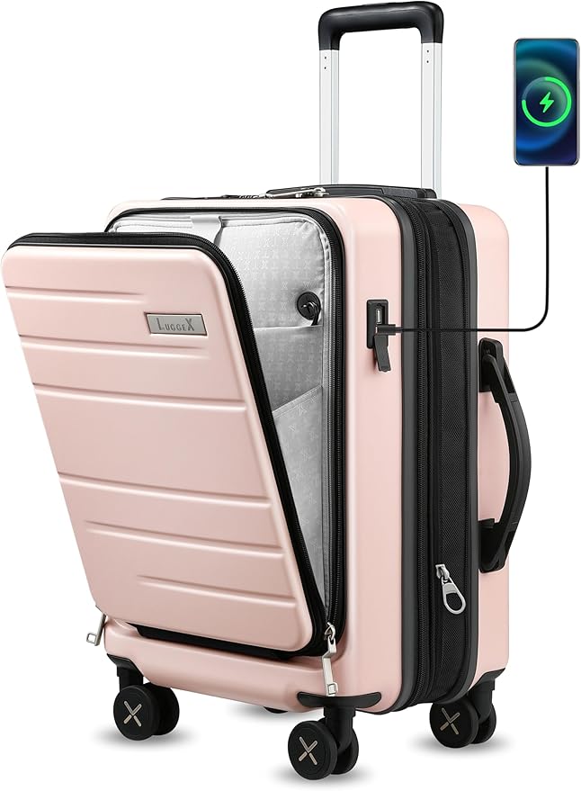 LUGGEX Carry On Luggage 22x14x9 Airline Approved, Expandable Polycarbonate Suitcase with Front Pocket and USB Port (Pink, 20 Inch, 35L)
