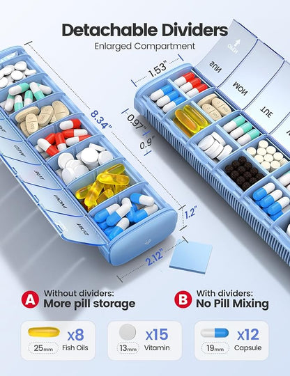VAYDEER Metal Weekly Pill Organizer – Moisture-Proof Travel Pill Organizer with Built-in Desiccant Chamber and Airtight Lids – Large-Capacity Pill Box for Vitamins, Medicines & Supplements (Purple)