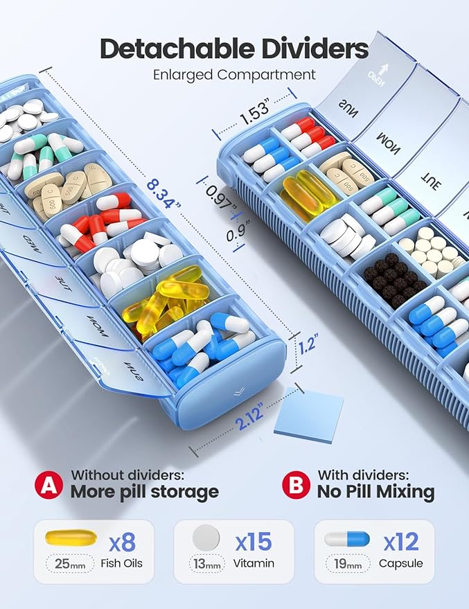 VAYDEER Metal Weekly Pill Organizer – Moisture-Proof Travel Pill Organizer with Built-in Desiccant Chamber and Airtight Lids – Large-Capacity Pill Box for Vitamins, Medicines & Supplements (Blue)