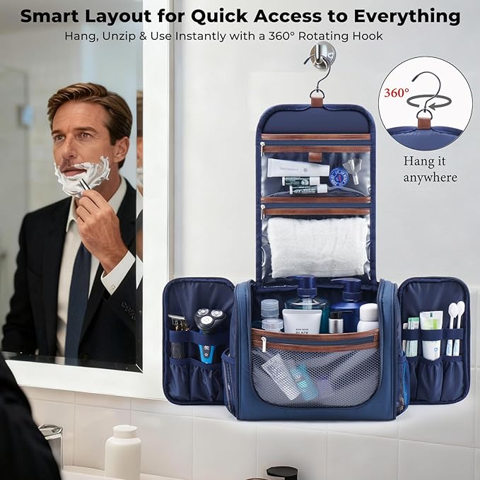 Large Hanging Toiletry Bag for Men, Travel Bathroom Bag with Hook, Hygiene Bag Organizer for Shower, Shaving & Grooming Essentials, Navy