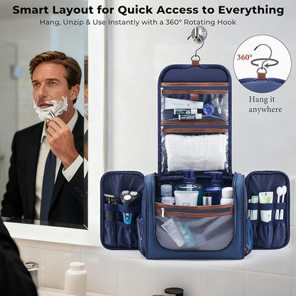 Large Hanging Toiletry Bag for Men, Travel Bathroom Bag with Hook, Hygiene Bag Organizer for Shower, Shaving & Grooming Essentials, Navy