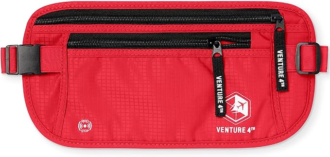 VENTURE 4TH Money Belt for Travel – Hidden Under-Clothes RFID Blocking Passport Holder & Slim Travel Wallet Pouch for Men & Women to Protect Cash, Cards & Documents (Red)