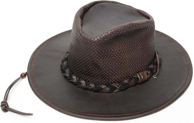 Minnetonka Fold-Up Outback Hat -Leather Brim Hat Made with Genuine Leather, Adjustable Chin Strap, and Fold-Up Design