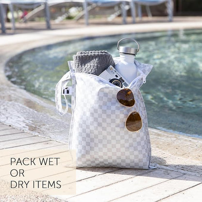 Bumkins Roamio - Waterproof Wet Bag - For Baby, Travel, Swim Suit, Cloth Diapers, Pump Parts, Pool, Gym, Toiletry, Strap to Stroller - Reusable & Easy to Clean - 2pk - Black Check & Off White
