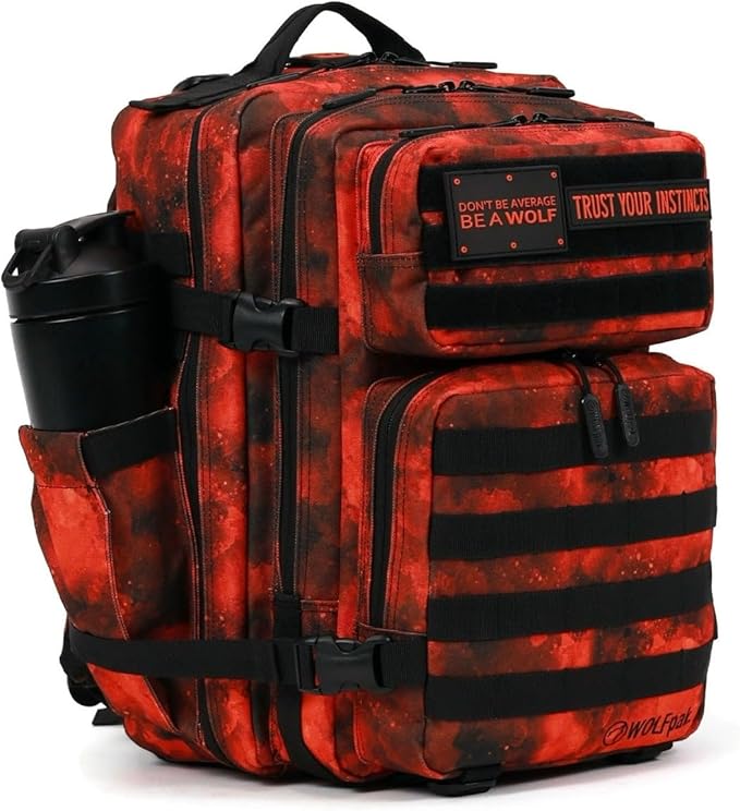 WOLFpak 35L Athletic Gym Backpack - Durable 1000D Waterproof Oxford Material with MOLLE Webbing, Laptop Pocket & Dual Cup Holders, Durable Fitness/Travel/Military Daypack (Blood Orange)