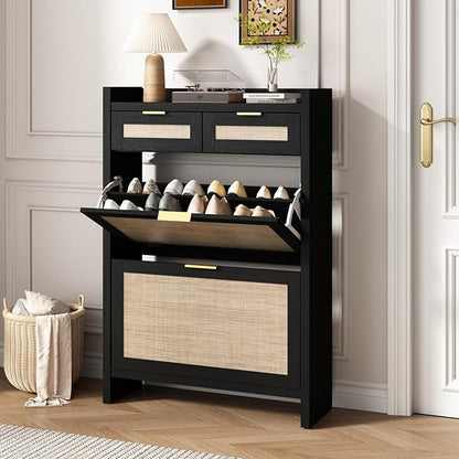 Rattan Shoe Storage Cabinet with 2 Drawers & 2 Flip Drawers – Hidden Slim Shoe Organizer for Entryway, Large Tabletop Space, Farmhouse Boho Narrow Shoe Rack, Rustic Black