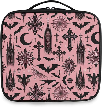 MNSRUU Travel Makeup Bag, Black Gothic Moon Spider Webs and Bats Women Makeup Case Organizer Cosmetic Toiletry Bag for Teenage Girl with Adjustable Dividers