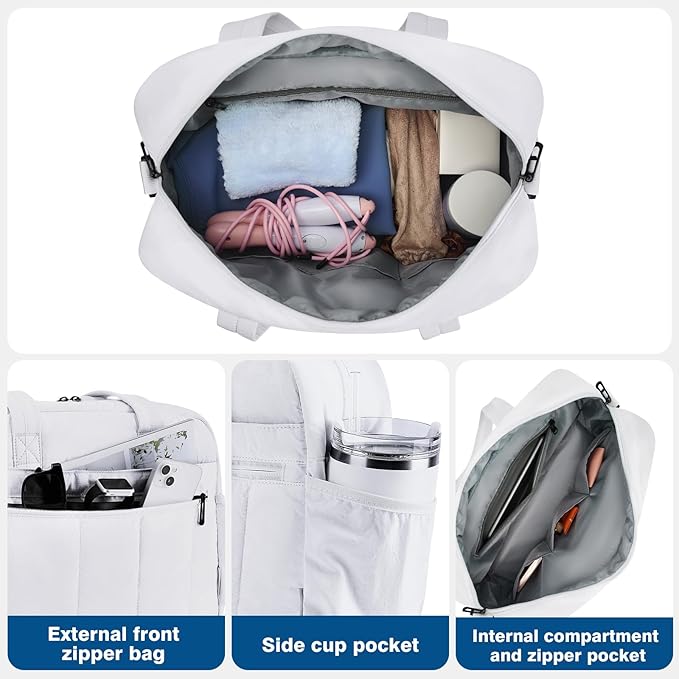 Gym Bag for Women, Large Capacity Duffel Bag with Crossbody Strap, Lightweight Sports Bag for Workout & Travel.White