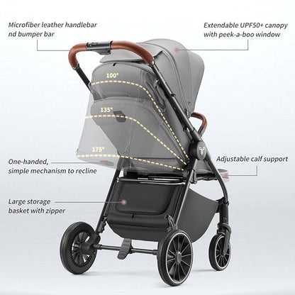 Tinyiota Stroller for Babies,Toddler Strollers with Large UPF 50+ Canopy,Luxury Baby Stroller with Leather Handle & Spacious Seat, One-Hand Foldable Pushchair,Baby Carriage with Lie-Flat Mode(Gray)
