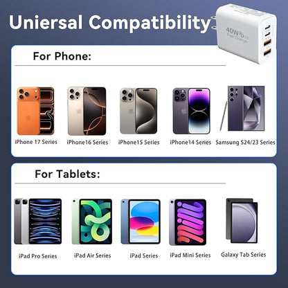 USB C Wall Fast Charger Block, 40W 4-Port Type C Chargers Fast Charging Blocks PD Power Charger Adapter+QC 3.0 USB Multiport Charger Brick for Phone 17/16/15/14/13/12 Pro Max, i-Pad, Galaxy S25-3Pack
