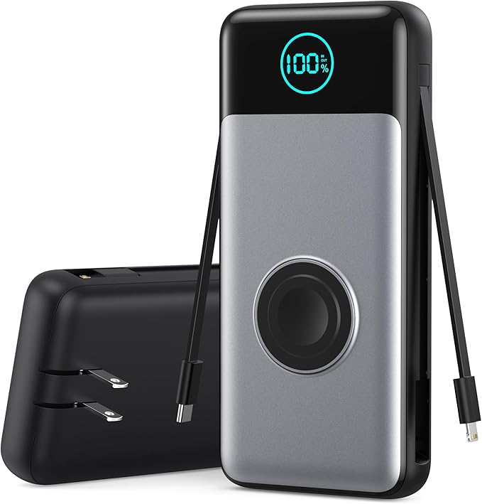 Portable Charger 26800mah for iPhone with Built-in Cables & AC Wall Plug,6-in-1 USB C Power Bank 5 Output Travel Essential,25W PD Fast Charging Battery Pack for iPhone17/16/15/14 Android,Apple Watch