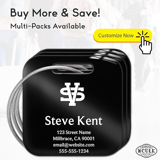Personalized Luggage Tags for Suitcases - Stainless Steel Custom Luggage Tags for Backpacks & Bags, Sturdy, Waterproof & Heavy Duty (Black/Square)