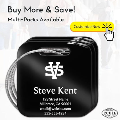 Personalized Luggage Tags for Suitcases - Stainless Steel Custom Luggage Tags for Backpacks & Bags, Sturdy, Waterproof & Heavy Duty (Black/Square)