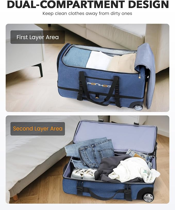 25 Inch Duffle Bag with Wheels for Men - Water Resistant Wheeled Duffle Bag for Weekend Travel & Overnight Trips, Blue