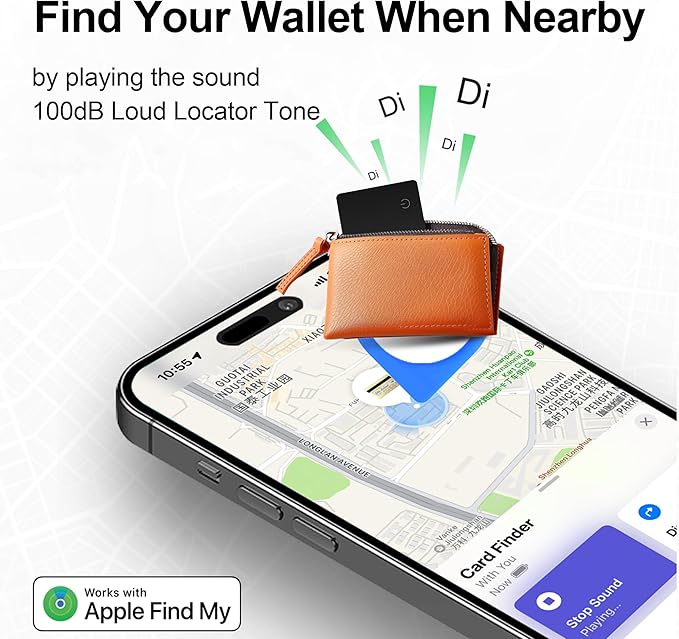 Ultra-Slim Wallet Tracker Card 1-Pack Works with Apple Find My (iOS Only) - 0.07in Thin Air Tag Card with 90dB Find Sound, IP68 Waterproof, Wireless Charging - for Passport, Luggage, Keys etc
