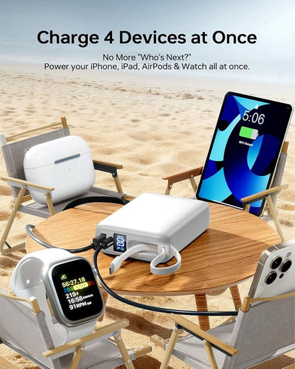 Portable Charger 50000mAh Power Bank,Portable Phone Charger with 2 Built in Cables,22.5W Fast Charging Travel Essentials Battery Pack for iPhone/iPad/MacBook/Android/Samsung Galaxy, White