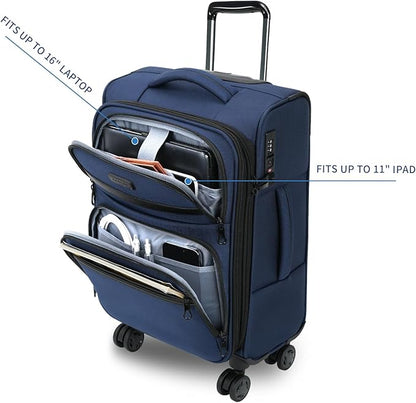 KROSER Softside Expandable Carry On Luggage with Front Business Pockets，20 Inch Suitcases with Spinner Wheels & Built-in TSA Lock, Durable Suitcase Rolling Luggage with USB Port, Navy