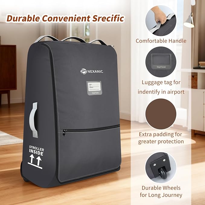 Stroller Bag for Airplane, Stroller Travel Bag Compatible with UPPAbaby Vista, Vista V2, Cruz V2, Rolling Wheel Bag with Storage Pocket, Multiple Handles, Luggage Tag for Flight Travel, Grey