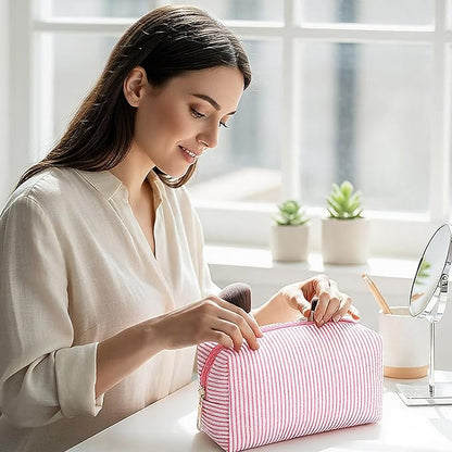 Sanwuta 6 Pcs Seersucker Cosmetic Bags Bulk Seersucker Makeup Bags Stripe Women Pouch Large Preppy Storage Pouch Toiletry Travel Organizer for Wedding Bridesmaid Bride Favor Mom Gift (Pink)