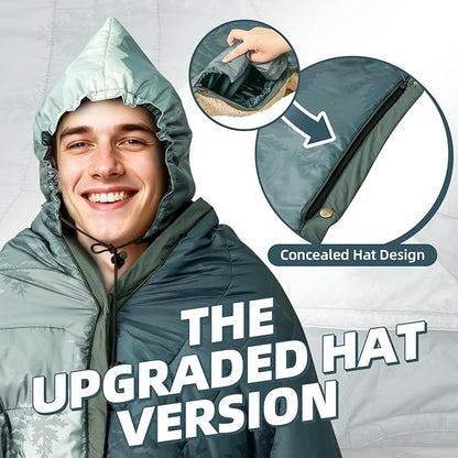 Outdoor Camping Blanket with Sherpa Lining, Extra Warm Thick Camp Blankets and Puffy Ultralight Soft Poncho DWR Camping Quilt for Cold Weather, Adventure, Sleeping, Backpacking 78"x 56"