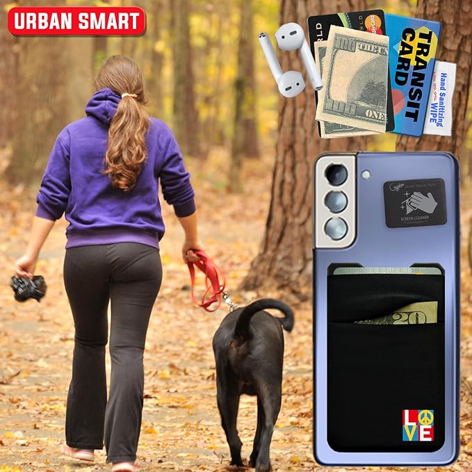 Gecko Travel Tech Double Pocket - Adhesive Card Holder - Cell Phone Pouch - Stick on Spandex Pocket - Carry Credit Cards and Cash (PEACE LOVE)