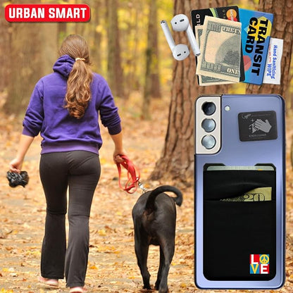 Gecko Travel Tech Double Pocket - Adhesive Card Holder - Cell Phone Pouch - Stick on Spandex Pocket - Carry Credit Cards and Cash (PEACE LOVE)